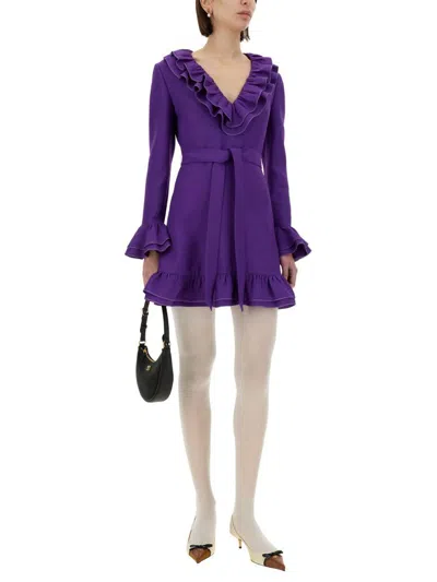 Valentino Garavani Purple Short Dress With V-neck And Ruffles In Virgin Wool And Silk Blend Woman
