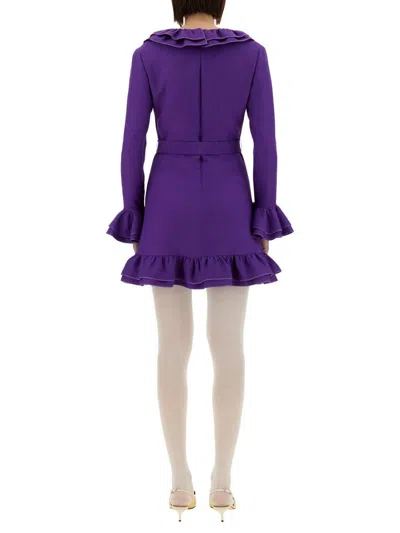 Valentino Garavani Purple Short Dress With V-neck And Ruffles In Virgin Wool And Silk Blend Woman