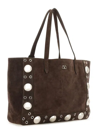 Valentino Suede Shoulder Bag With Maxi Metal Studs In Brown