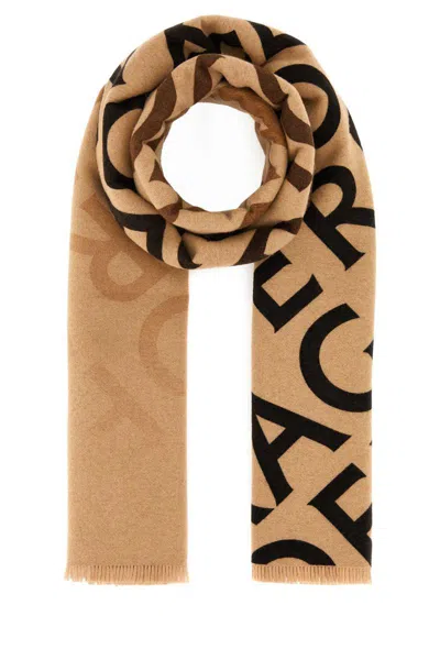 Ferragamo Wool Blend Reversible Embroidered Scarf With Fringed Edges In Brown