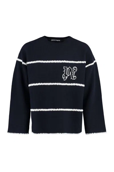 Palm Angels Navy And White Knit Sweater With Paint Monogram Stripes In Black