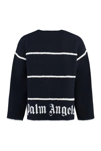 Palm Angels Navy And White Knit Sweater With Paint Monogram Stripes In Black