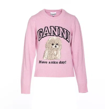 Ganni Womens Chalk Pink Poodle Logo-motif Wool-blend Knit Jumper Xs In Pink