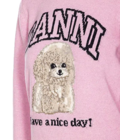 Ganni Womens Chalk Pink Poodle Logo-motif Wool-blend Knit Jumper Xs In Pink