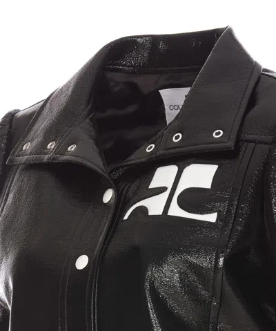 Courrèges Glossy Black Coat With High Collar And Logo Detailing In Green