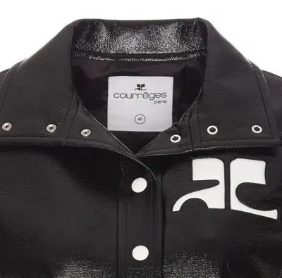 Courrèges Glossy Black Coat With High Collar And Logo Detailing In Green