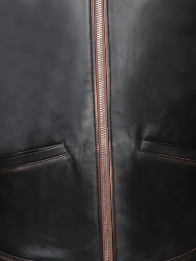 Paul Smith Distressed Brown Leather Jacket With Central Zipper And Side Pockets