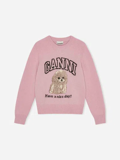 Ganni Womens Chalk Pink Poodle Logo-motif Wool-blend Knit Jumper Xs In Pink