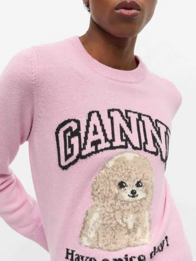 Ganni Womens Chalk Pink Poodle Logo-motif Wool-blend Knit Jumper Xs In Pink