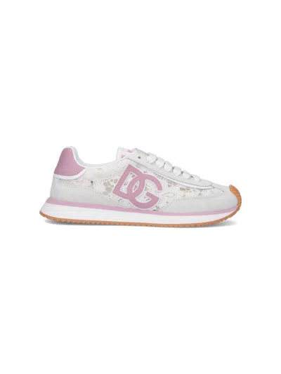 Dolce & Gabbana White Low Top With Lace Details And Dg Patch On The Side In Fabric And Suede Blend Woman In Multi