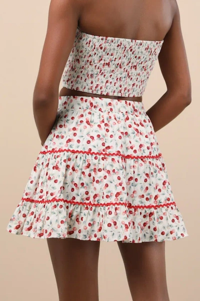 Lulus Chelan White Cherry Print Tiered Mini Skirt In Multi