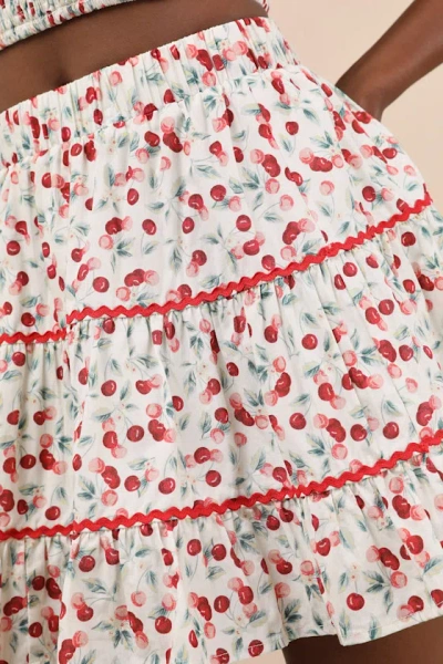 Lulus Chelan White Cherry Print Tiered Mini Skirt In Multi