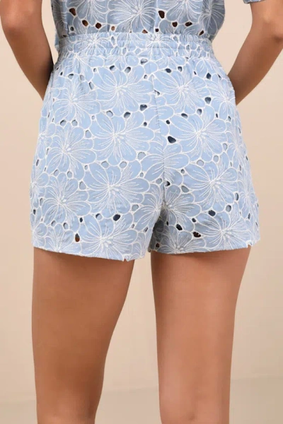 Lulus Aminta Blue Eylet Embroidered Drawstring Shorts In Multi