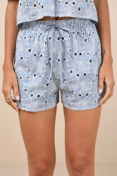 Lulus Aminta Blue Eylet Embroidered Drawstring Shorts In Multi