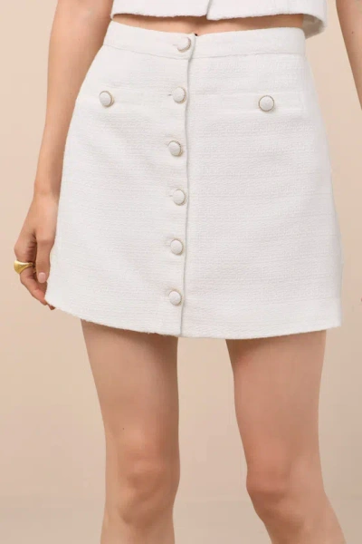 Lulus Monique White Tweed Button-front Mini Skirt In Multi