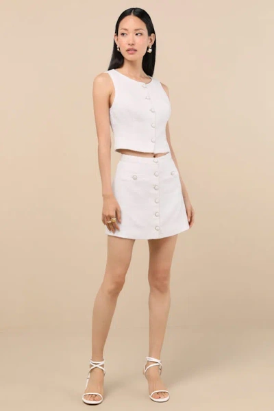 Lulus Monique White Tweed Button-front Mini Skirt In Multi