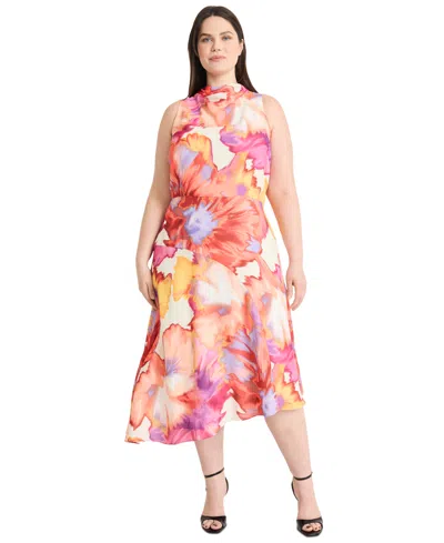 Maggy London Plus Size Printed Asymmetric-hem Midi Dress In Multi