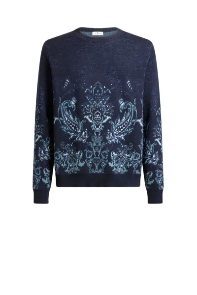 Etro Floral Jacquard Wool Sweater In Blue
