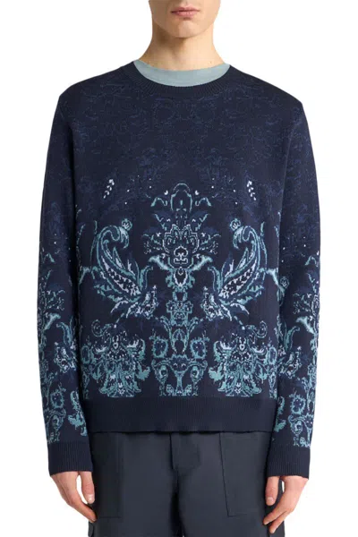 Etro Floral Jacquard Wool Sweater In Blue