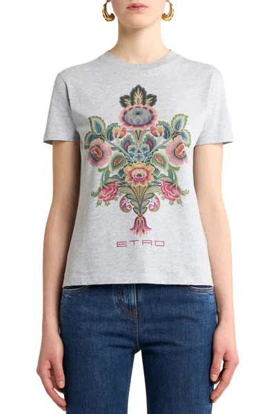 Etro Floral Crew Neck Short Sleeve Top In Gray