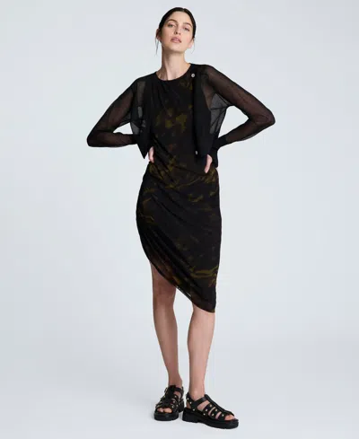 Kenneth Cole Sandra Side Ruched Asymmetrical Mesh Tank Dress