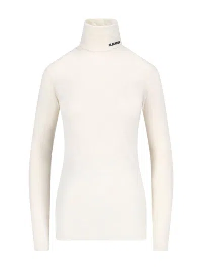 Jil Sander Logo Wool Blend Jersey Turtleneck Top In White