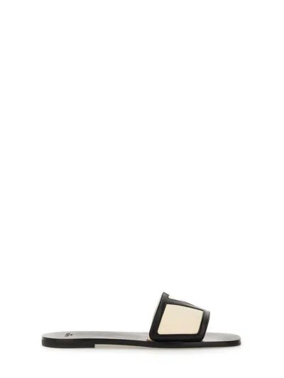 Valentino Butter White And Black Synthetic Slides With Wide Strap