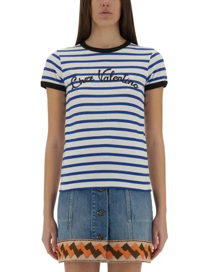 Valentino Womens Striped Embroidered Cotton-jersey T-shirt Avorio Blu