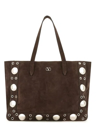 Valentino Suede Shoulder Bag With Maxi Metal Studs In Brown