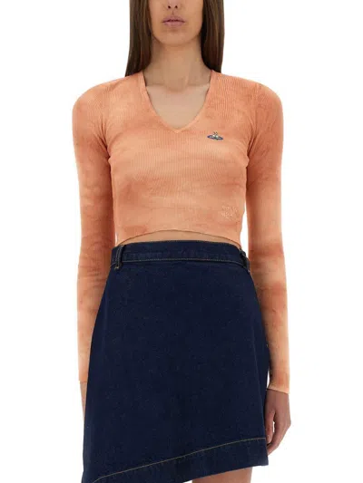 Vivienne Westwood Cropped Ribbed V-neck Slim Fit Top In Orange