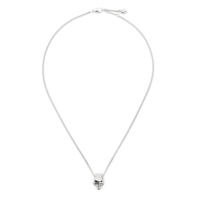 Alexander Mcqueen Silver Colored Chain Necklace With Skull In Polished Brass Man