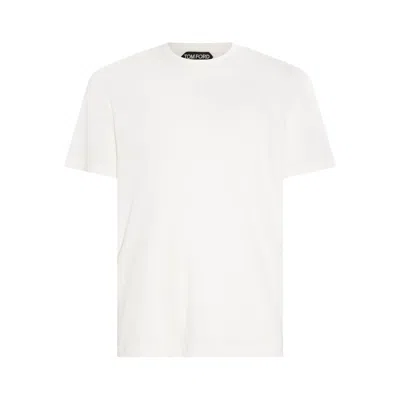 Tom Ford White Crewneck T-shirt With Tf Embroidery In Lyocell And Cotton Blend Man