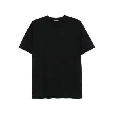 Tom Ford Blue Crew Neck T-shirt With Embroidered Logo In Cotton Blend Man In Black