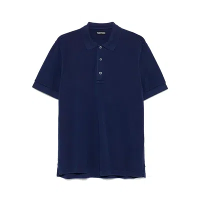 Tom Ford Blue Polo T-shirt With Embroidered Tone On Tone Logo In Cotton Man