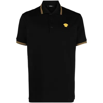 Versace Black Polo Shirt With Classic Collar And Medusa Embroidery