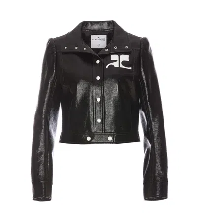 Courrèges Glossy Black Coat With High Collar And Logo Detailing In Green
