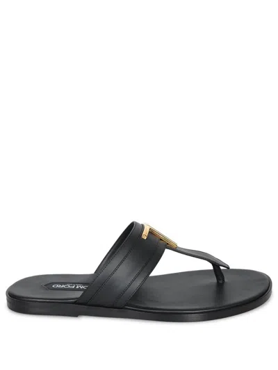Tom Ford Brighton Leather Flip-flops In Black And Gold