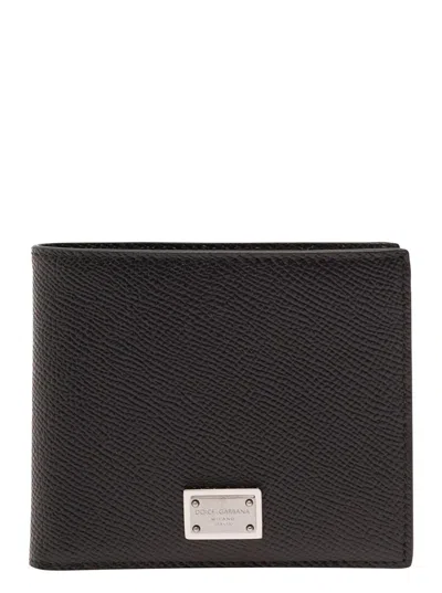 Dolce & Gabbana Black Bi-fold Wallet With Logo Plaque On The Front In Grained Leather Man