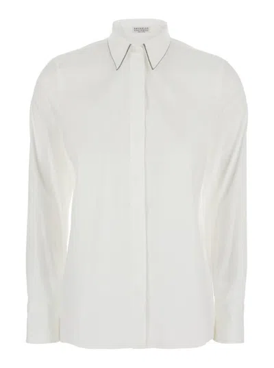 Brunello Cucinelli White Shirt With Pointed Collar And Monil Detail On The Collar In Cotton Blend Woman