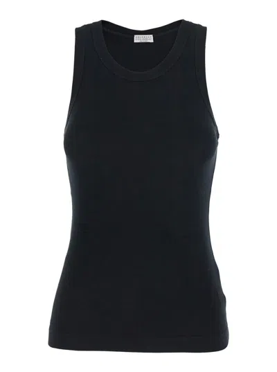 Shop Brunello Cucinelli Black Sleeveless Top With Round Neck And Monil Detail On The Rear