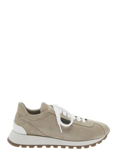 Brunello Cucinelli Beige Low Top Sneakers With Monil Detail On The Side And Embossed Logo Lettering On The Rear In Leat