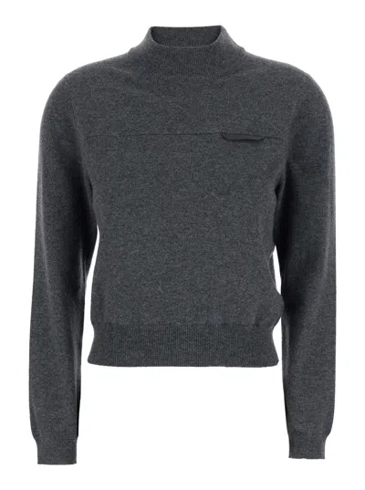 Brunello Cucinelli Grey Sweater With Mock Neck And Monil Detail On The Front In Cashmere Woman