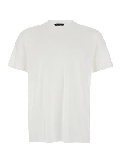 Tom Ford White Crewneck T-shirt With Tf Embroidery In Lyocell And Cotton Blend Man