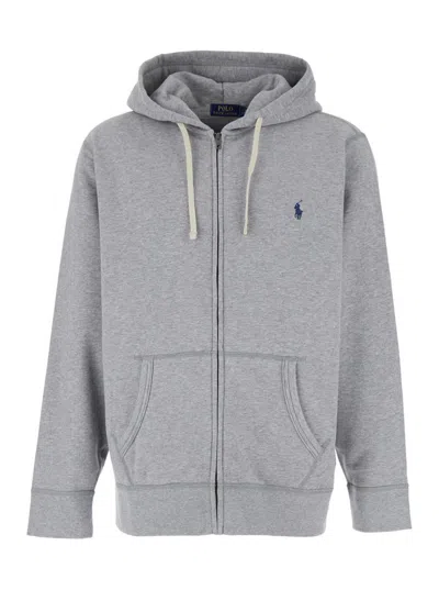 Polo Ralph Lauren Grey Sweatshirt With Drawstring Hood And Pony Embroidery On The Front In Cotton Blend Man