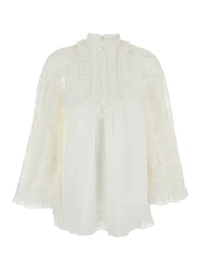 Shop Zimmermann 'ascension' White Blouse With Lace Panels And Scallop Hem