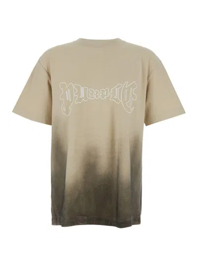 Purple Brand Beige Crewneck T-shirt With Logo Print On The Front And Faded Effect In Cotton Man