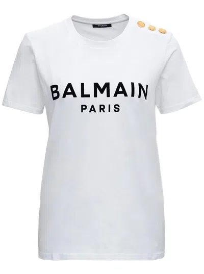 Shop Balmain White Crewneck T-shirt With Logo Print And Golden Buttons