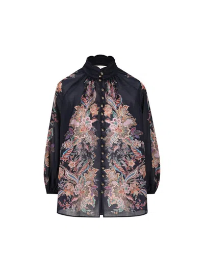 Zimmermann Rhiannon Billow Blue Blouse With High Neck And All-over Paisley Print In Ramie Woman In Blue