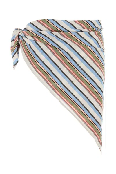 Prada Cotton Sarong With Embroidered Stripes And Tie Detail In Blue