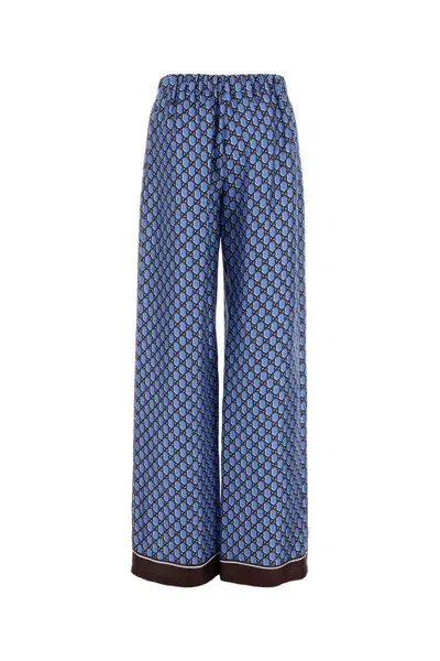 Gucci Silk Pant With Printed Pattern And Contrasting Hem In Blue